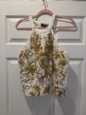 White Halter Tank Top with Gold Floral Embroidery